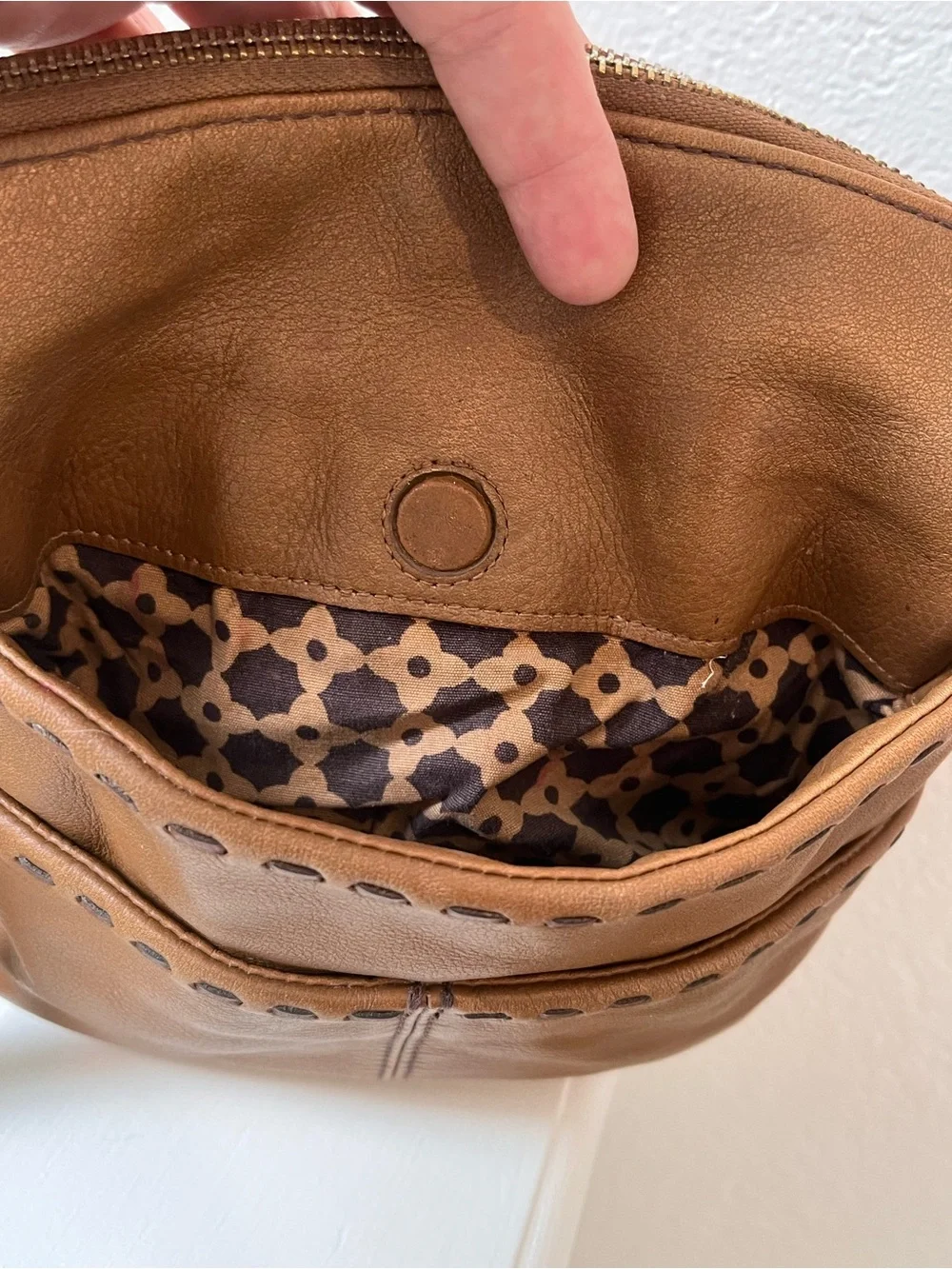 Vintage Brighton Tan Leather Crossbody Bag with Decorative Strap and Tassel